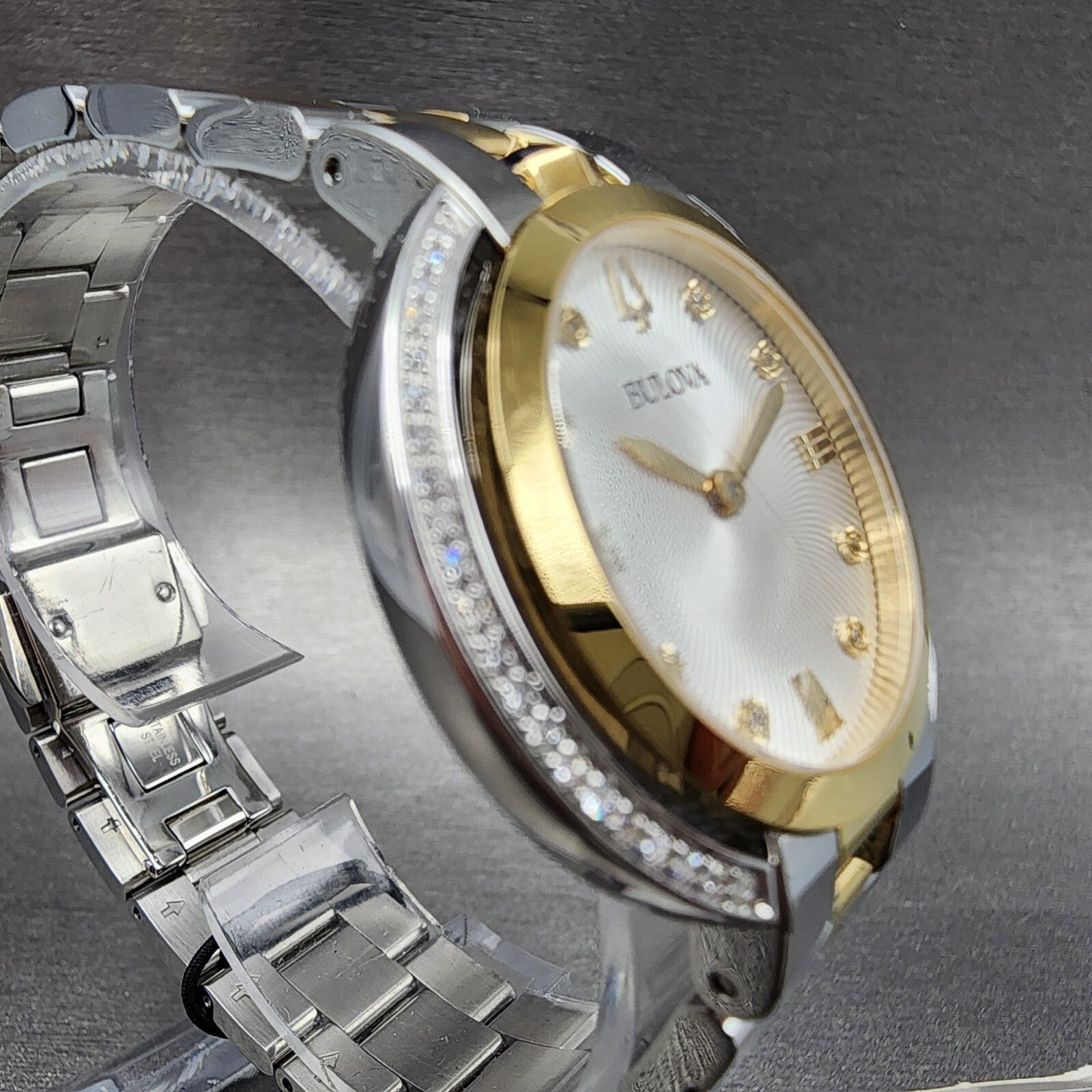 Bulova Rubaiyat Watch Women 35mm Silver Dial Two Tone Diamond Bezel 98R2463