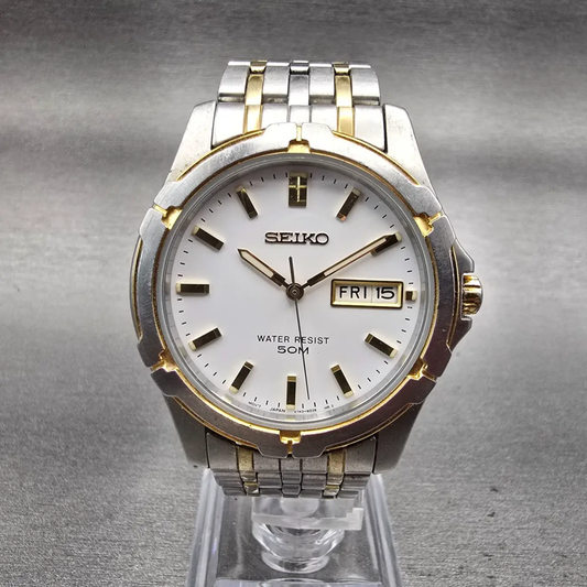 Seiko Watch Men 38mm White Dial Two Tone Daydate Round V743-8B29 New Battery VTG0