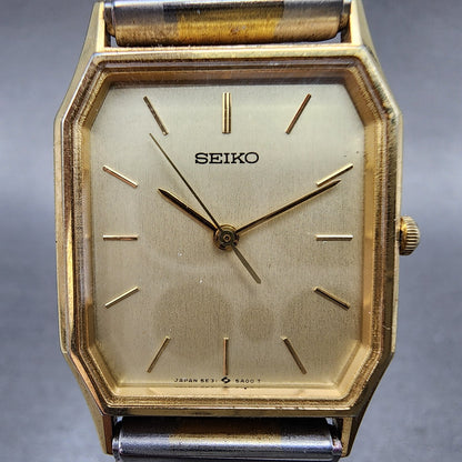 Seiko Tank Watch Men 25mm Champagne Dial Twotone Rectangle 5e315a00 New Battery1