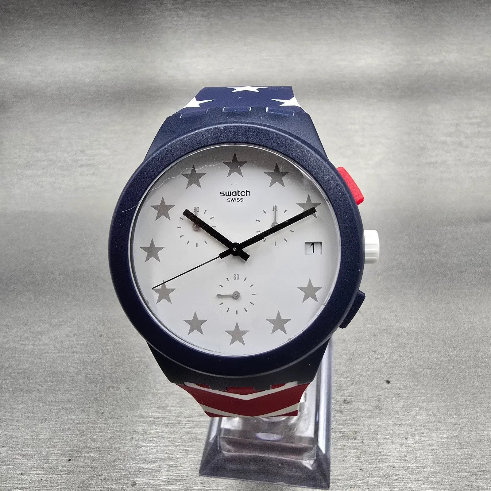 Swatch Free & Brave Chronograph Watch Men White Dial Blue Date SUSZ401 New Batt30