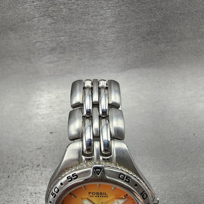 Fossil Blue Dive Watch Women 30mm Orange Dial Silver Tone Date AM3578 New Batt4