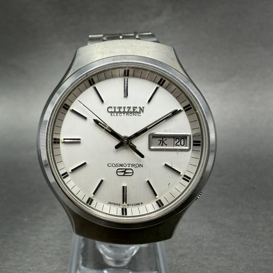 Citizen Electronic Cosmotron Watch Men 38mm Silver Dal Steel Daydate New Battery0