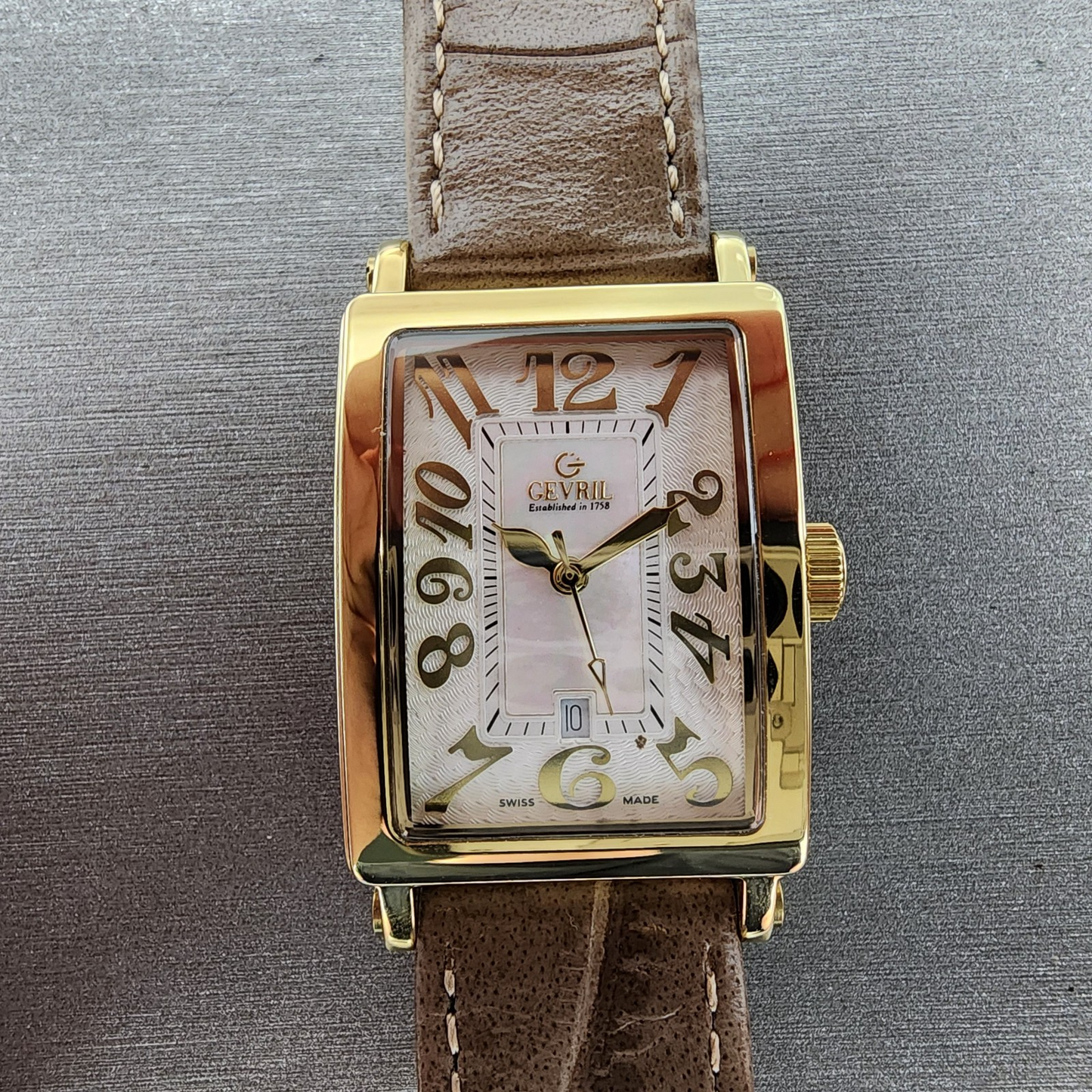 Gevril Avenue Of Americas Watch Women 26mm MOP Dial Gold Tone Date Rectangle0