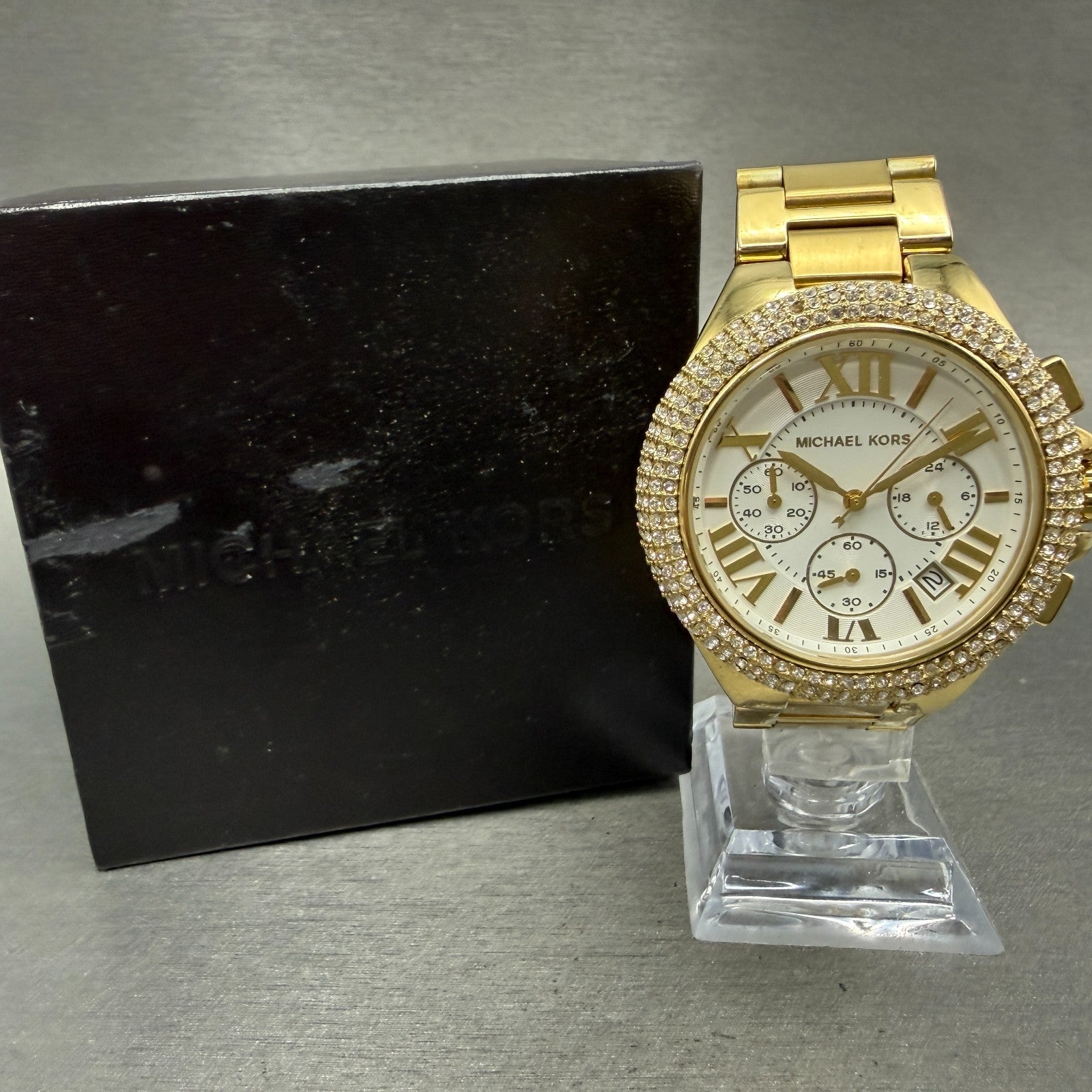 Michael Kors Bradshaw Chronograph Watch Women 42mm White Dial Gold Tone New Batt0