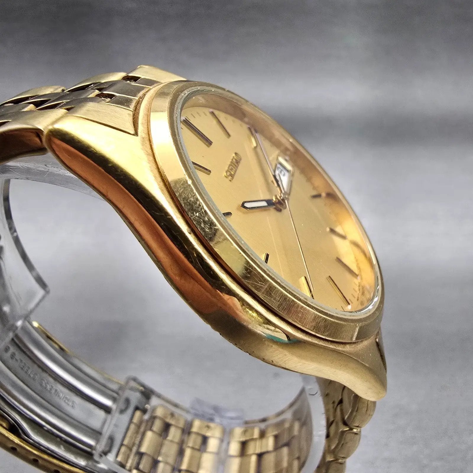 Seiko Watch Men 37mm Gold Dial Gold Tone Daydate Round 7N43-9046 New Battery VTG3