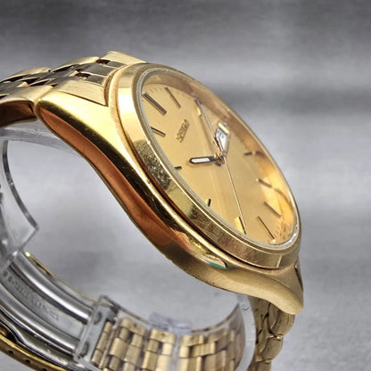 Seiko Watch Men 37mm Gold Dial Gold Tone Daydate Round 7N43-9046 New Battery VTG3