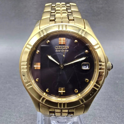 Citizen Eco-Drive Watch Men 35mm Blue Dial Gold Tone Date E111-S040264 Runs0