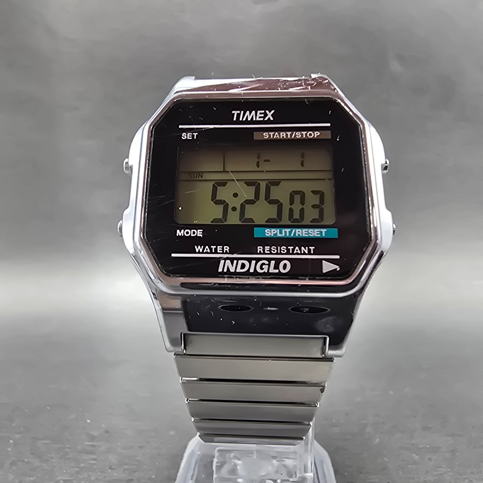 Timex Indiglo Watch Men 36mm Silver Tone Black Alarm Chrono Digital New Battery5