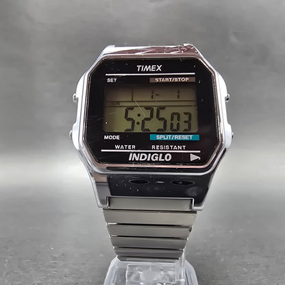 Timex Indiglo Watch Men 36mm Silver Tone Black Alarm Chrono Digital New Battery5