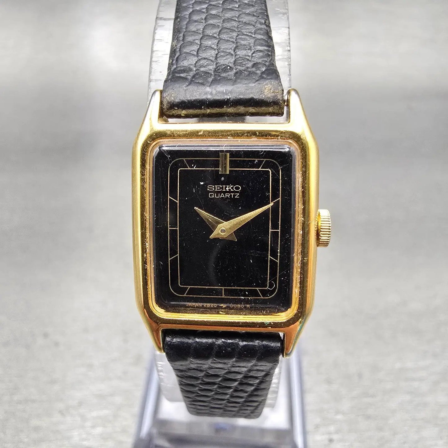 Seiko Watch Women 17mm Black Dial Gold Tone Rectangle 2B20-5009 New Battery VTG0
