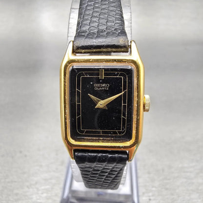 Seiko Watch Women 17mm Black Dial Gold Tone Rectangle 2B20-5009 New Battery VTG0