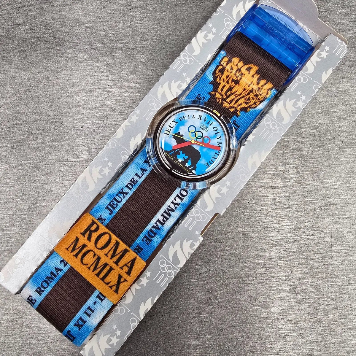Swatch Pop Roma 1960 Watch Men 40mm Blue Dial Brown Case PMZ101 New Battery NOS8