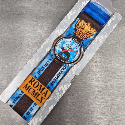Swatch Pop Roma 1960 Watch Men 40mm Blue Dial Brown Case PMZ101 New Battery NOS8