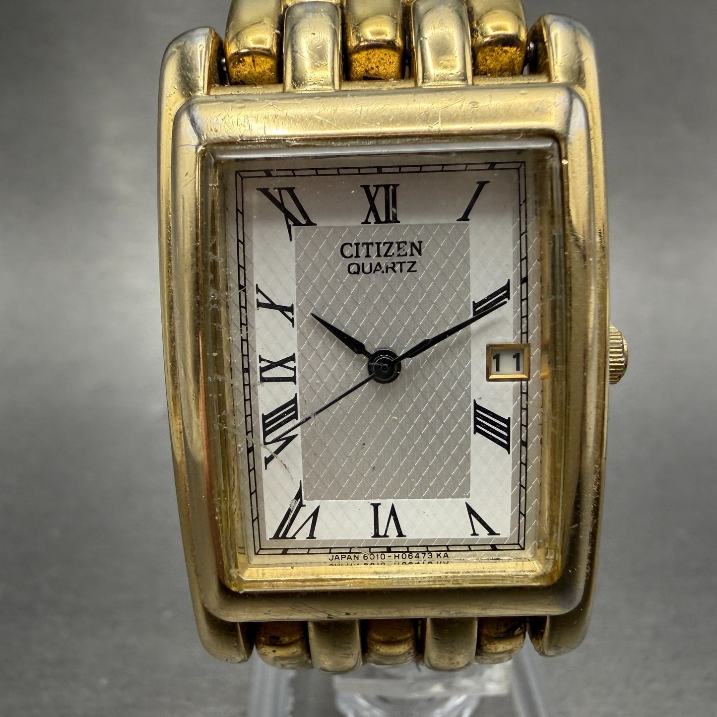 Citizen Tank Watch Men 25mm Silver Dial Gold Tone Date 6010-H03931 New Battery0