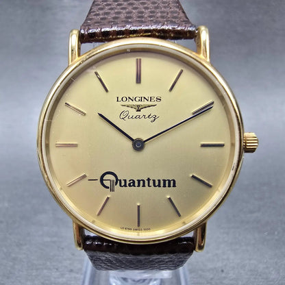 Longines Watch Men 32mm Gold Dial Gold Tone Round Leather Band New Battery VTG0