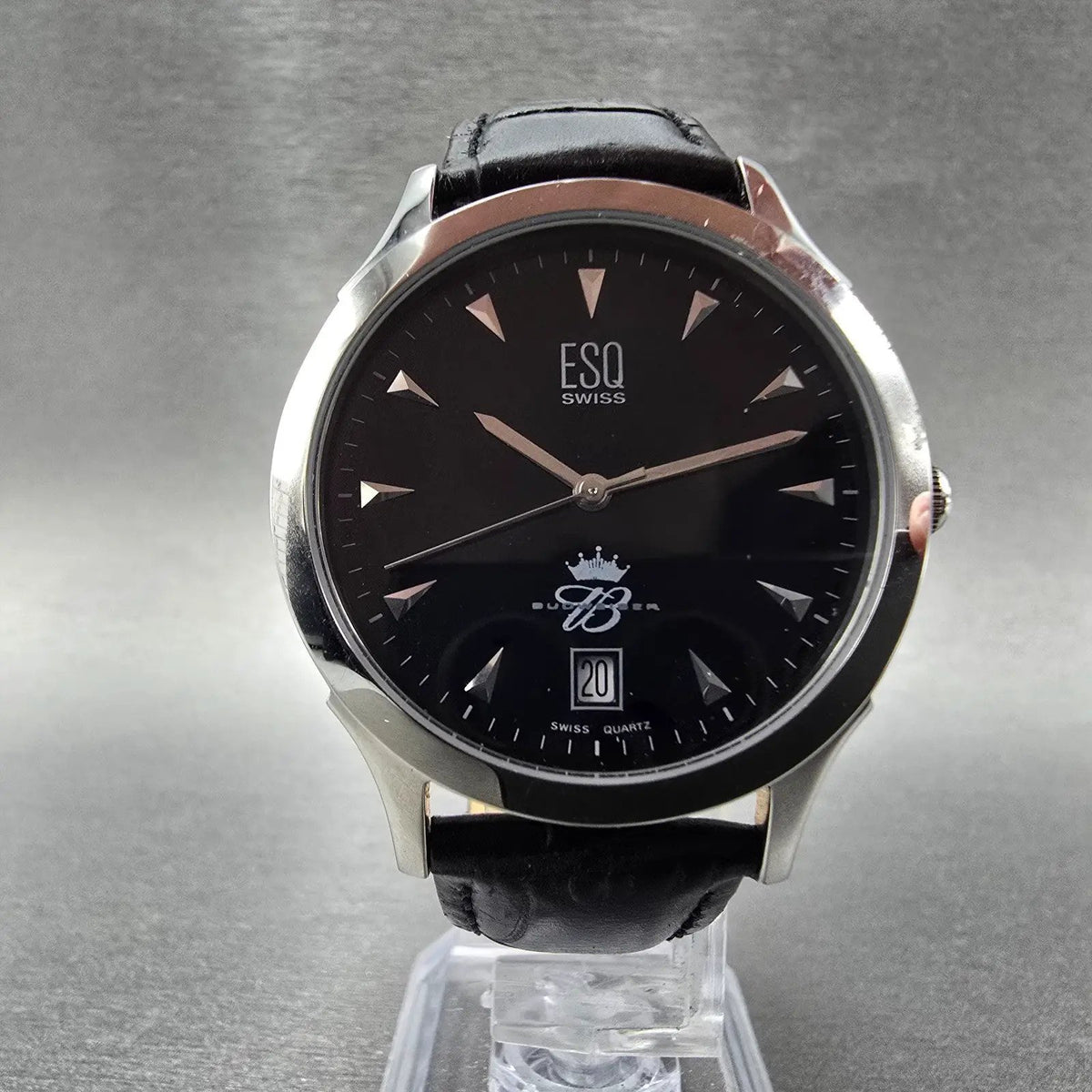 ESQ Watch Men 36mm Black Dial Silver Date Round E5203 New Battery Leather5