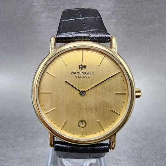 Raymond Weil Watch Men 32mm Gold Dial Gold Plated Date Round 91242 New Battery0