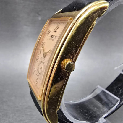 Gruen Curvex Watch Men 22mm Pink Dial Gold Tone Small Second Rectangle New Bat2