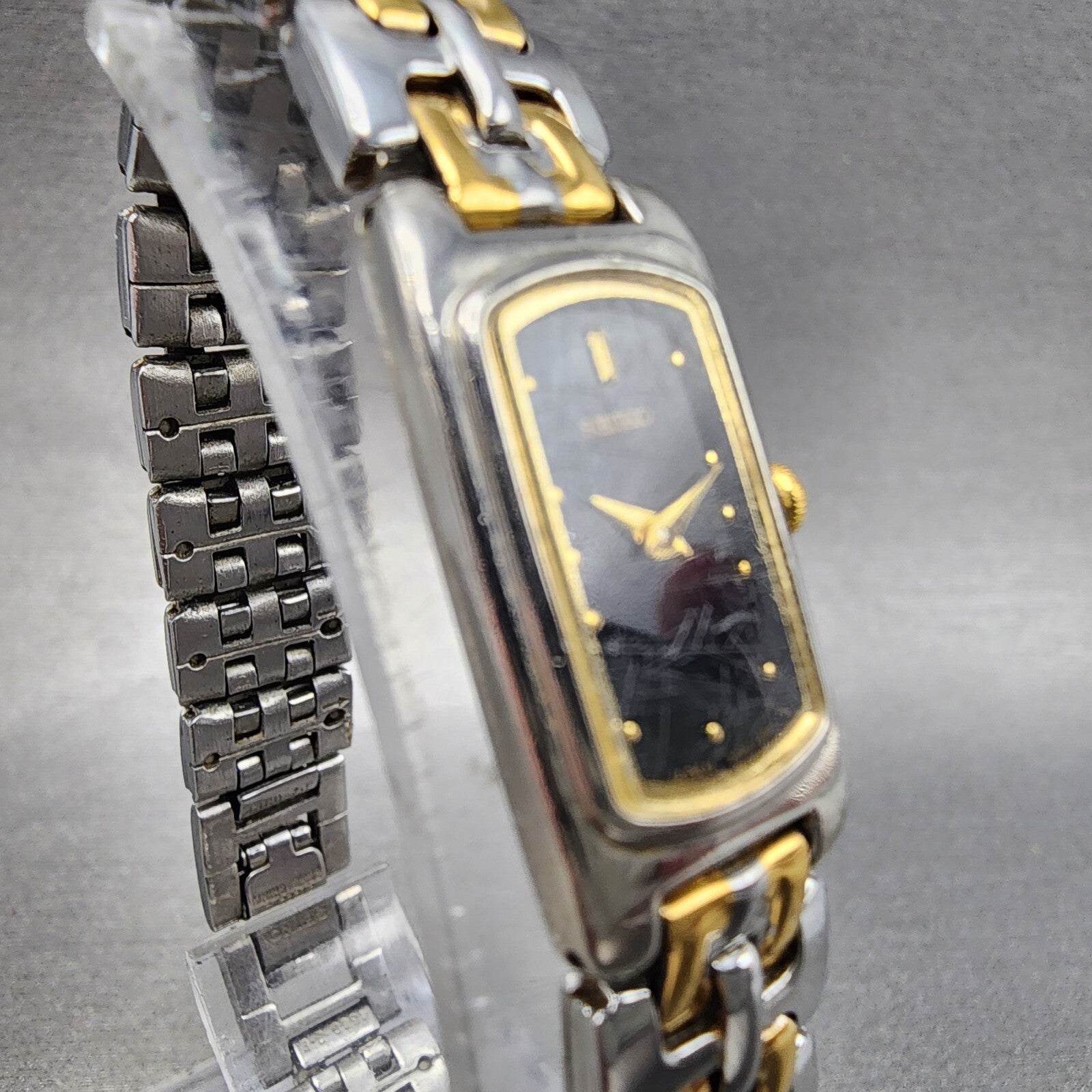 Seiko Watch Women 14mm Black Dial Two Tone Rectangle 2E207289 New Battery3