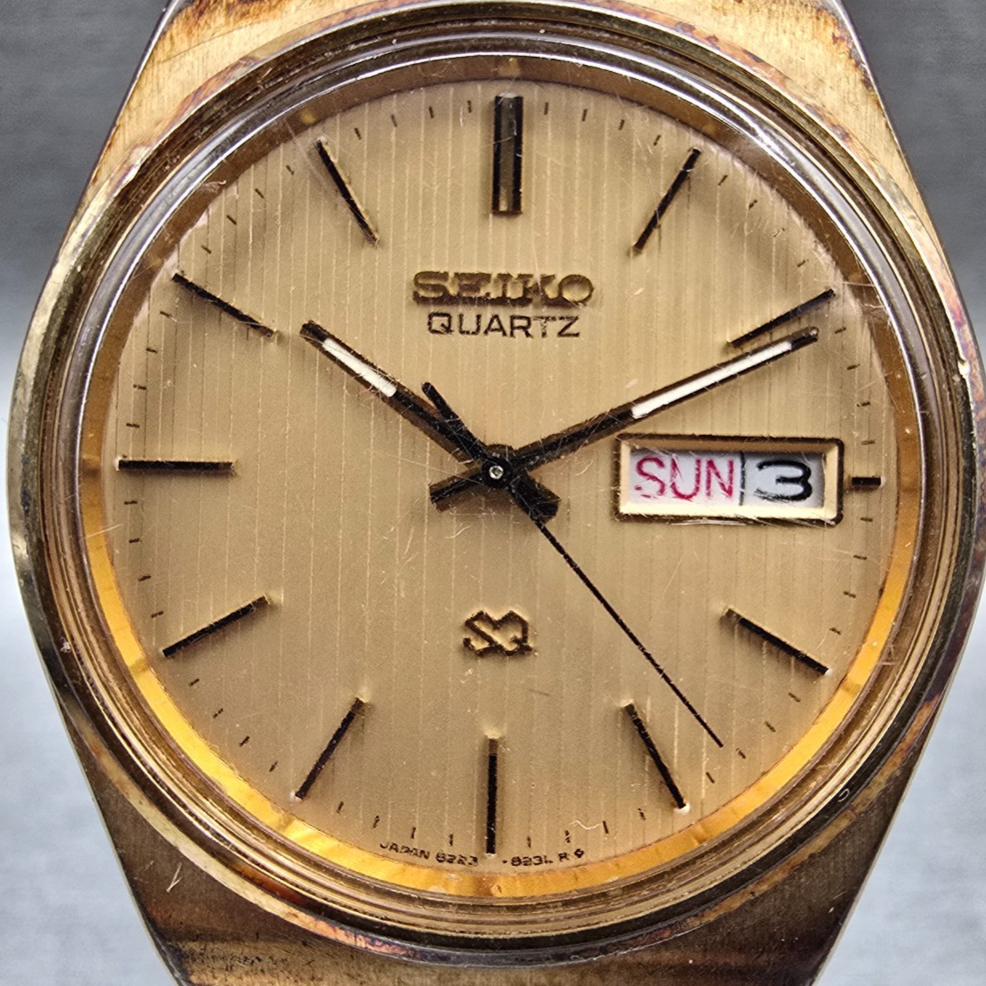 Seiko SQ Watch Men 35mm Gold Dial Gold Tone Daydate Round 8223-8029 New Battery1