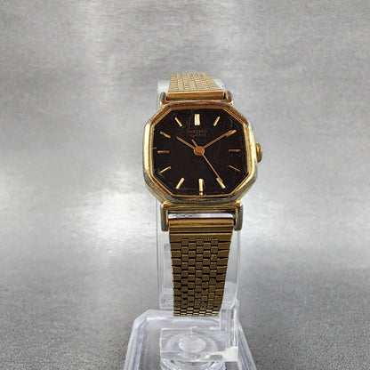 Seiko Watch Women 20mm Black Dial Gold Tone Octagon 2C215170 New Battery VTG5