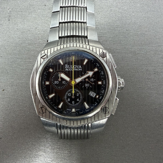 Bulova Accutron Chronograph Watch Men 42mm Black Dial Silver Tone 63B111 New Bat0