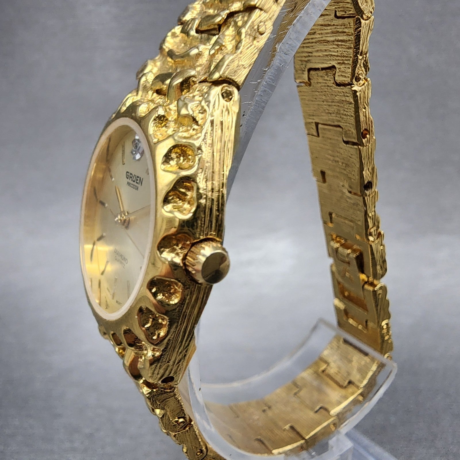 Gruen Watch Women 25mm Champagne Dial Gold Nugget Case Tone New Battery VTG2