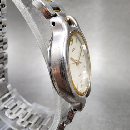 Seiko Lucent Watch Women 23mm White Dial Two Tone Round 4n21-0820 New Battery
