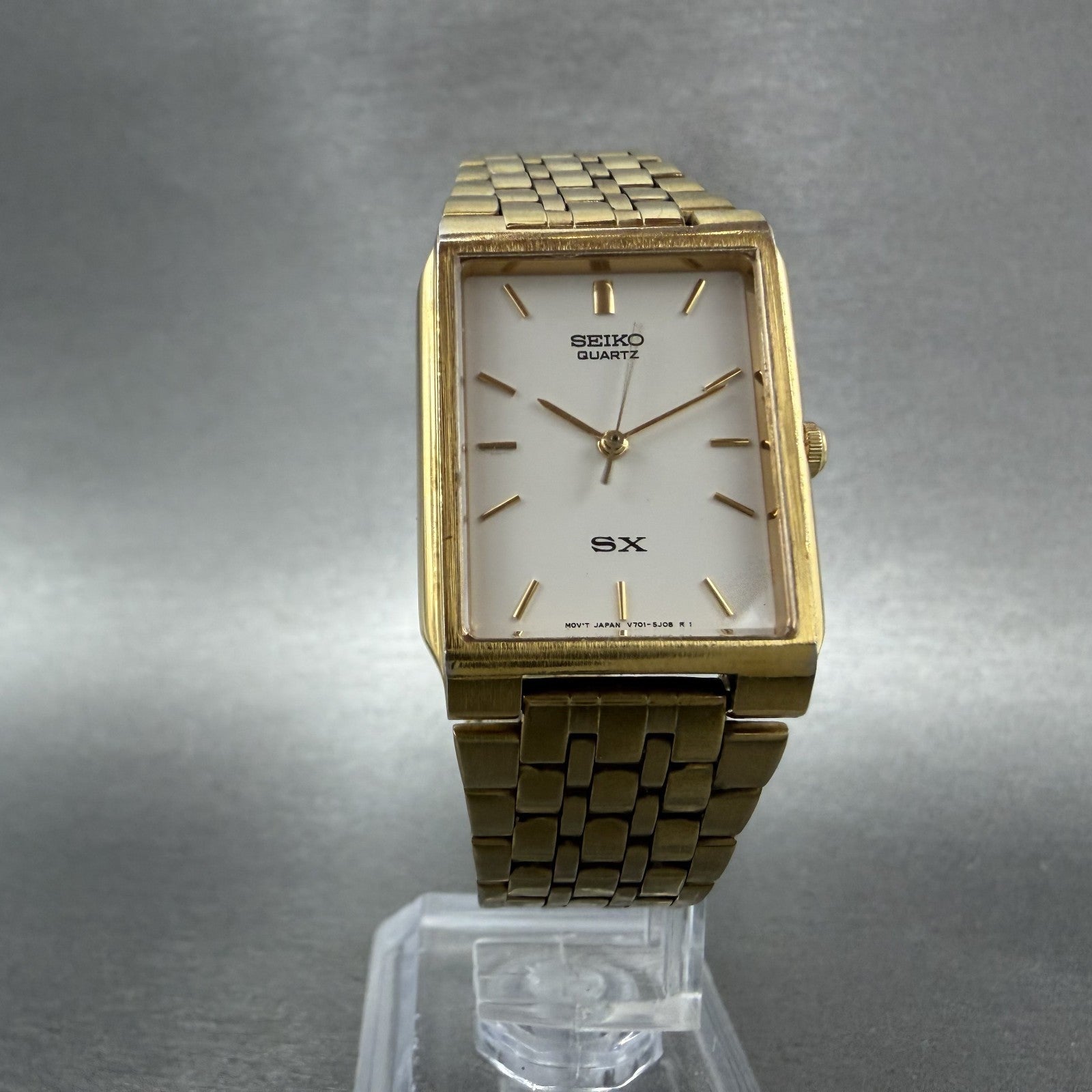 Seiko SX Tank Watch Men 24mm White Dial Gold Tone Rectangle V701-5K40 NewBattery5