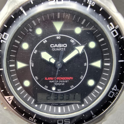 Casio Arine Watch Men 45mm Black Dial Silver Tone Alarm AMW-320R New Batt NOS1