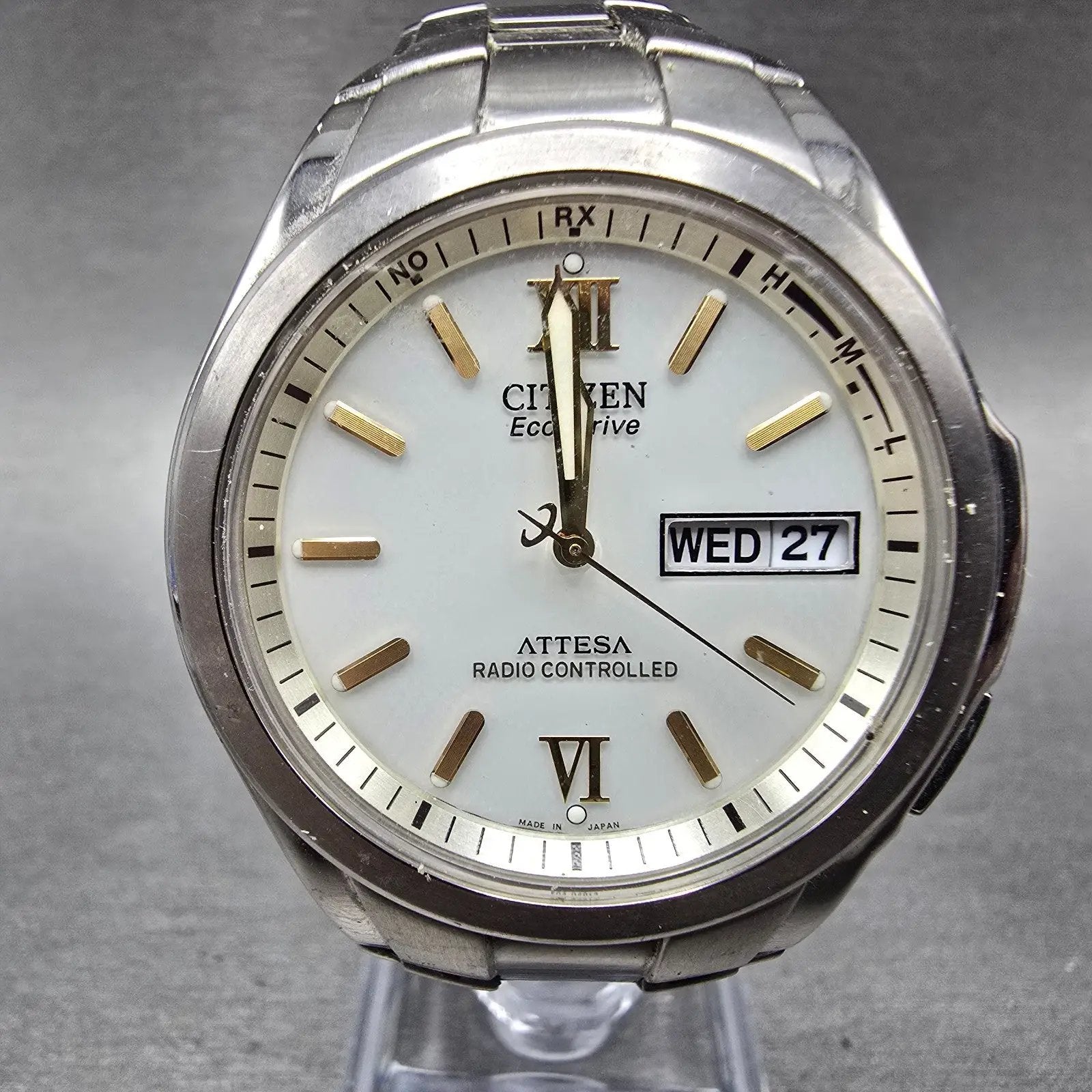 Citizen Eco-Drive Attesa Watch Men 37mm White Dial Titanium Atomic Daydate PARTS0