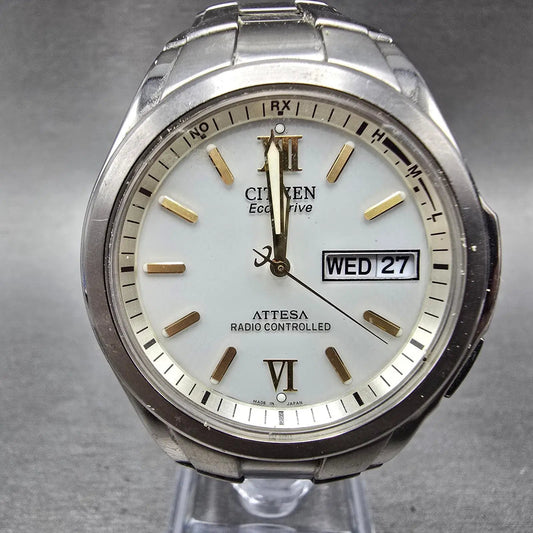 Citizen Eco-Drive Attesa Watch Men 37mm White Dial Titanium Atomic Daydate PARTS0