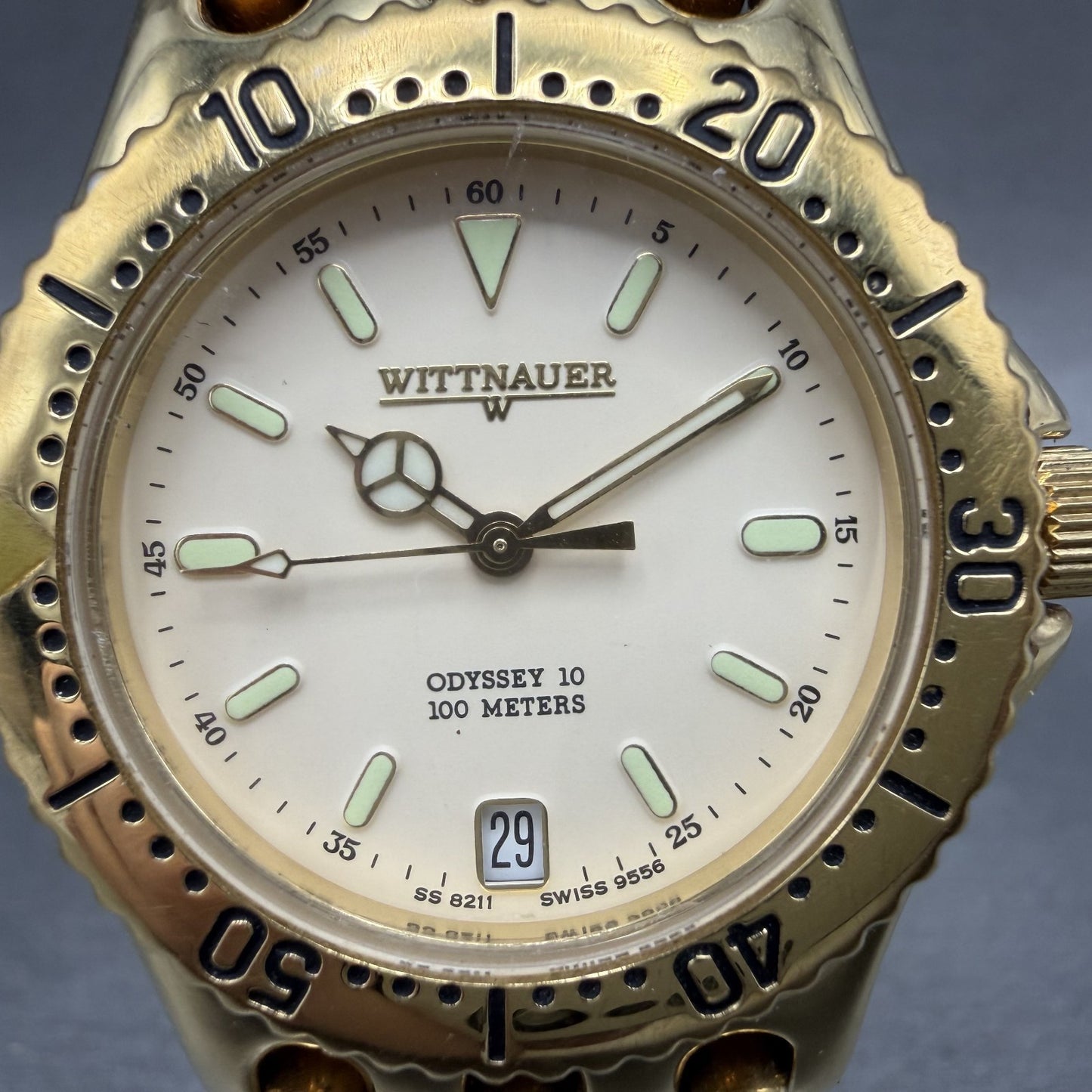 Wittnauer Odyssey 10 Dive Watch Men Cream Dial Gold Tone Date Round New Battery1