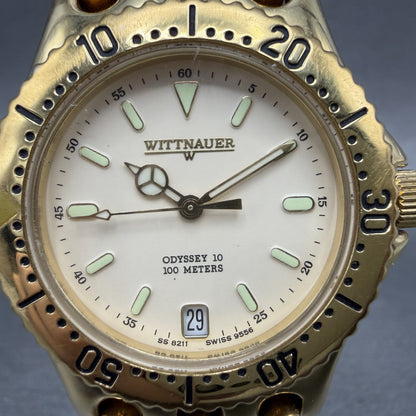 Wittnauer Odyssey 10 Dive Watch Men Cream Dial Gold Tone Date Round New Battery1
