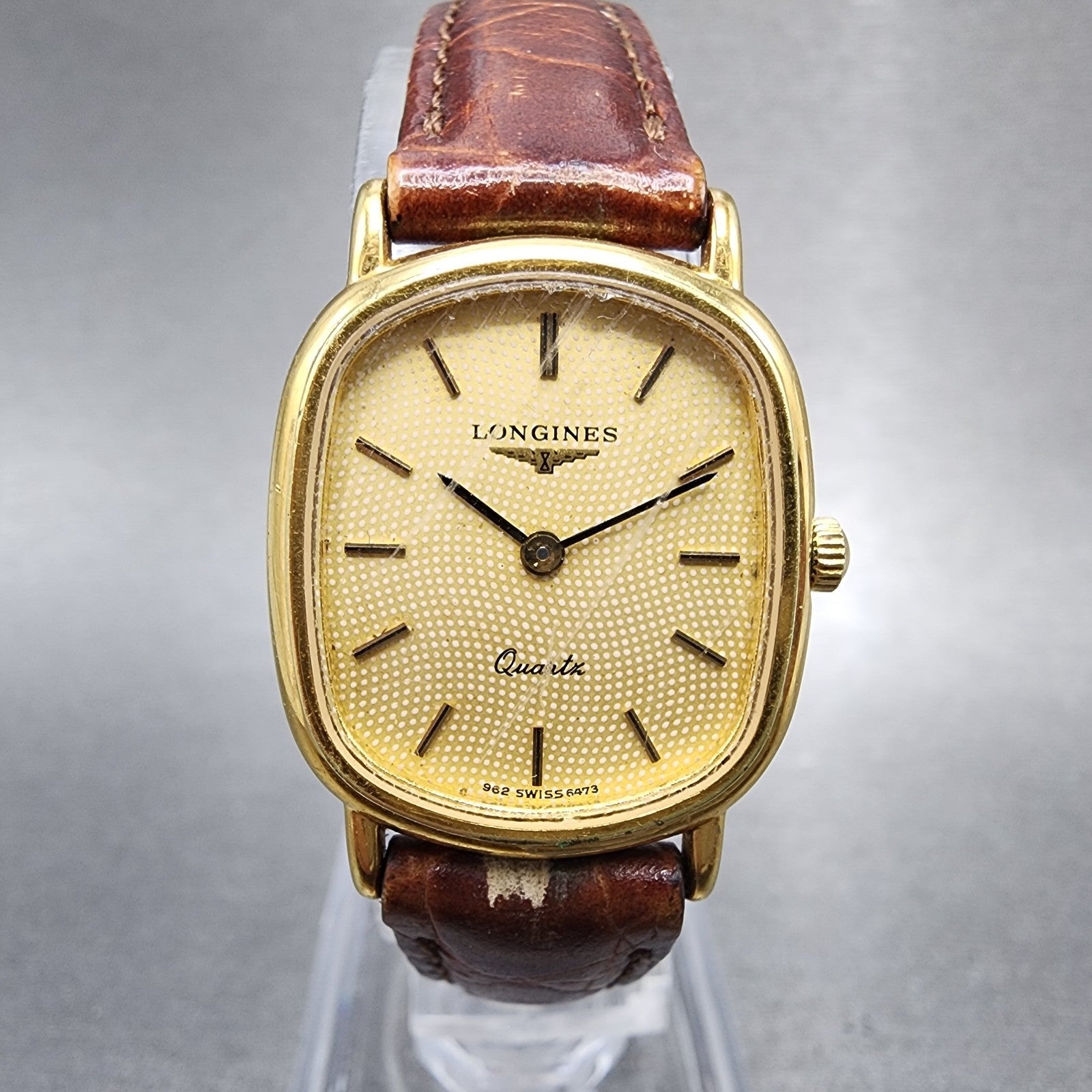 Longines Watch Women 21mm Gold Dial Gold Tone Rectangle 6479 New Battery0