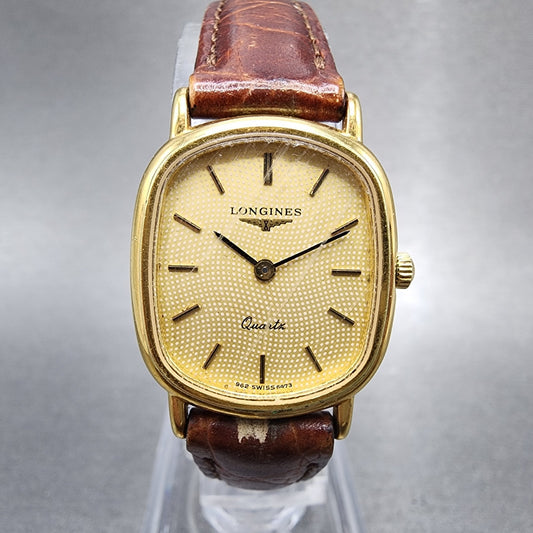 Longines Watch Women 21mm Gold Dial Gold Tone Rectangle 6479 New Battery0