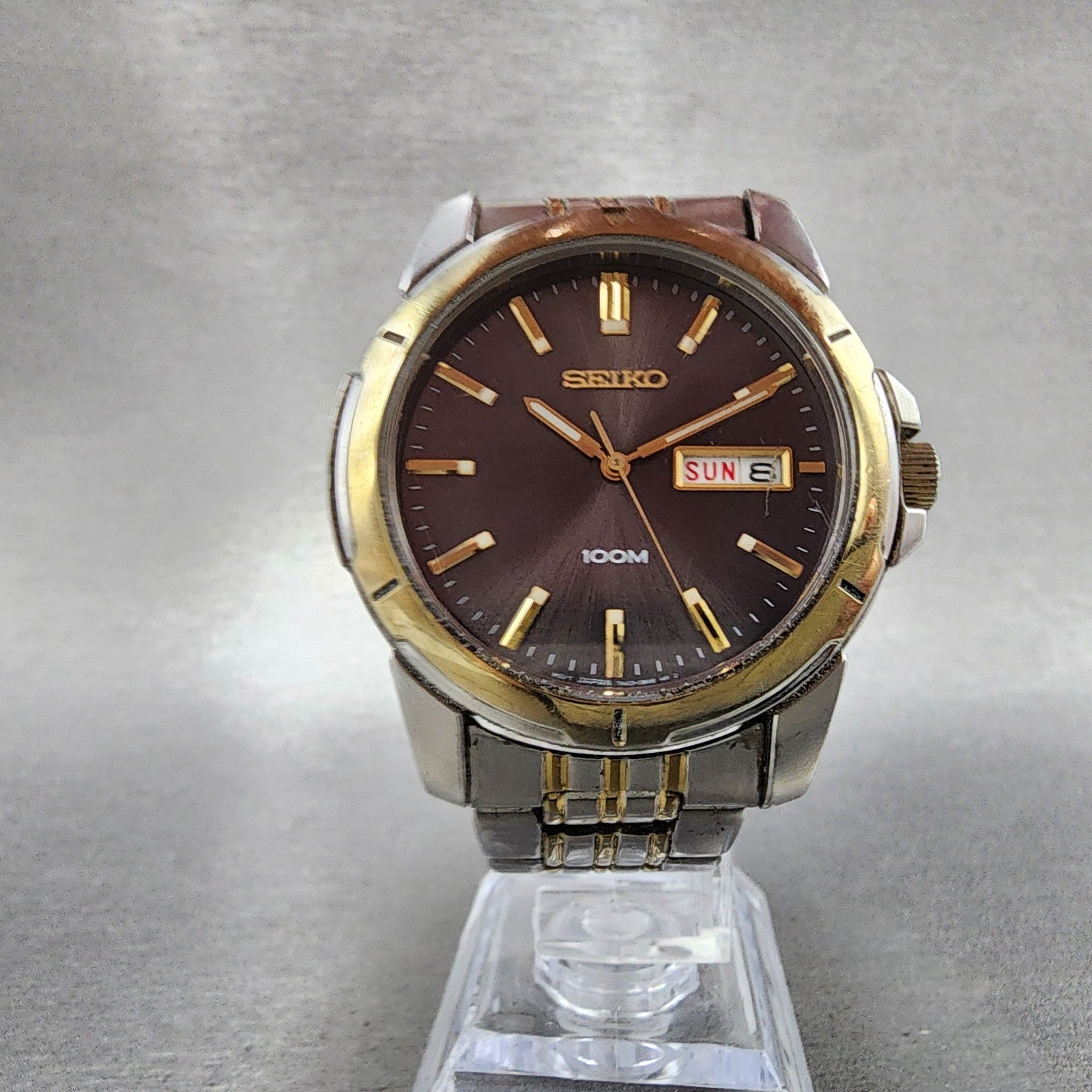 Seiko 100m Watch Men 39mm Silver Dial Two Tone Daydate Round 7n430az0 PARTS6
