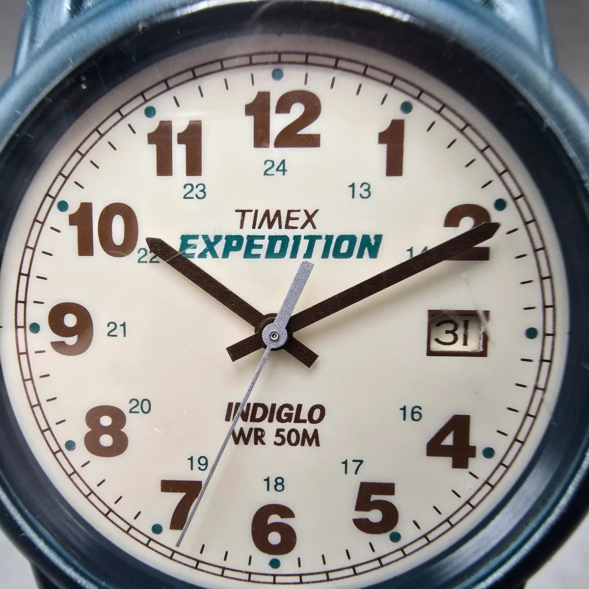 Timex Expedition Watch Men 37mm Cream Dial Green Tone Date Round New Battery1