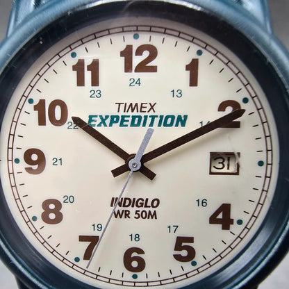 Timex Expedition Watch Men 37mm Cream Dial Green Tone Date Round New Battery1