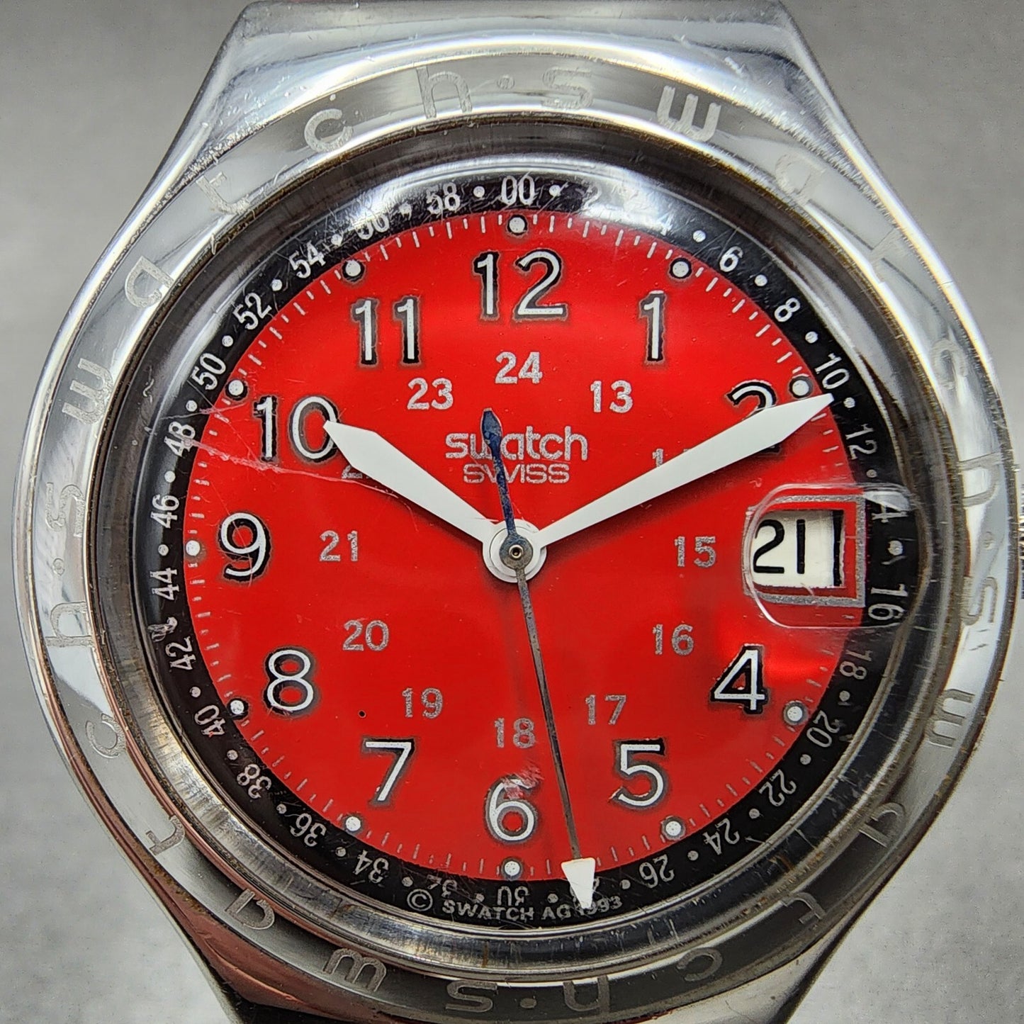 Swatch Irony Happy Joe Red Watch Men 37mm Red Dial Steel Date Round New Battery1