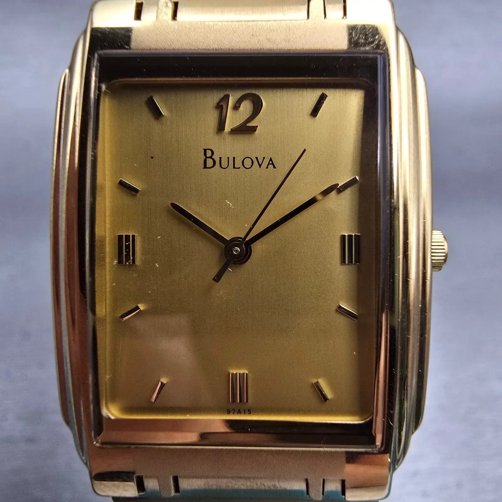 Bulova Watch Men 26mm Gold Dial Gold Tone Rectangle 97A15 New Battery Vintage1