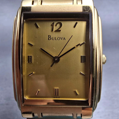 Bulova Watch Men 26mm Gold Dial Gold Tone Rectangle 97A15 New Battery Vintage1