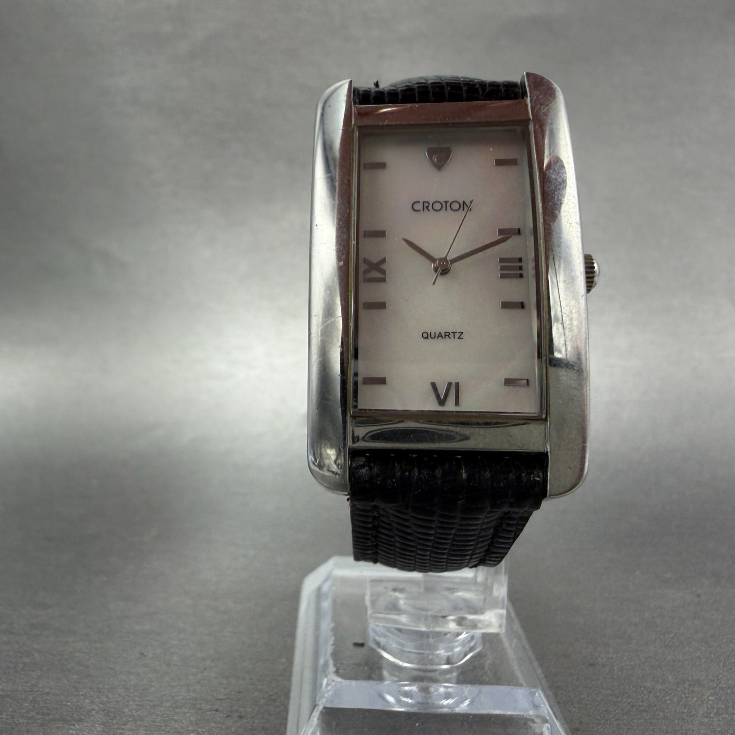 Croton Tank Watch Men 27mm MOP Dial Silver Tone Rectangle New Battery Leather5