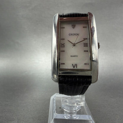 Croton Tank Watch Men 27mm MOP Dial Silver Tone Rectangle New Battery Leather5