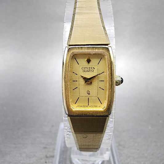 Citizen CQ Tank Watch Women 13mm Champagne Dial Gold Tone Rectangle New Battery0