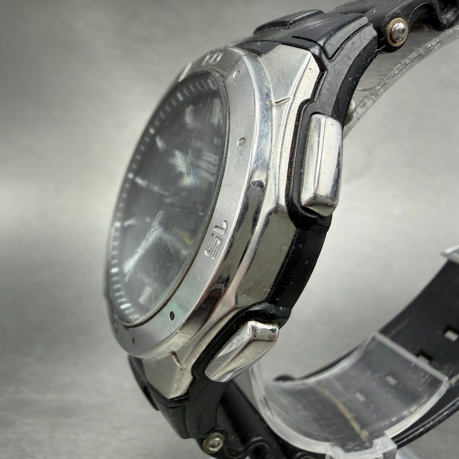 Casio Wave Ceptor Watch Men 42mm Black Dial Silver Tone Analog Digital Solar Run2