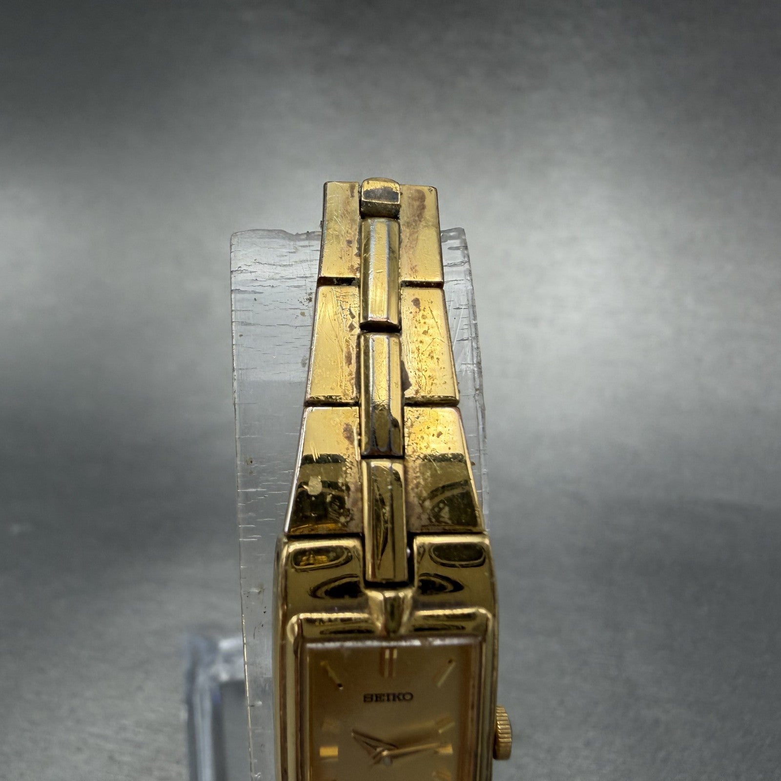 Seiko Watch Women 13mm Gold Dial Gold Tone Rectangle 2E20-7479 New Battery ABhbd4