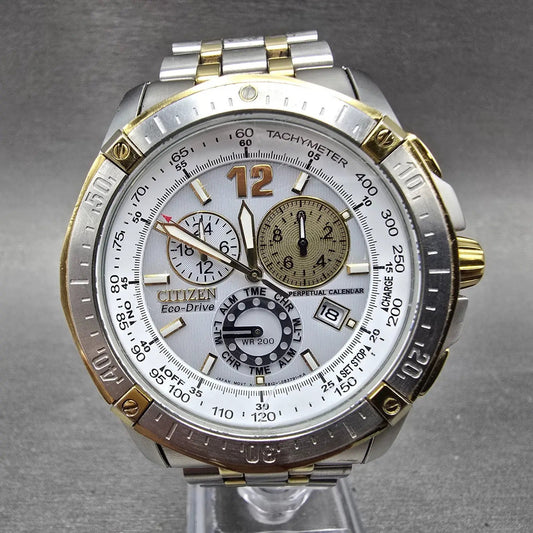 Citizen Eco-Drive Chronograph Watch Men 44mm White Dial Steel Perpetual Calendar0