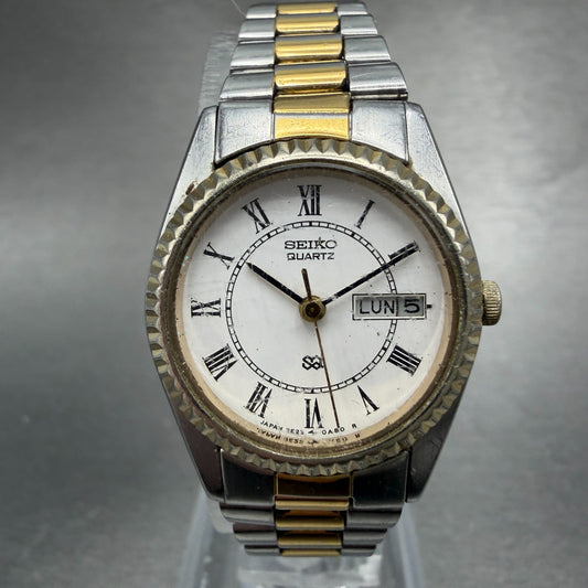 Seiko SQ Watch Women 24mm White Dial Two Tone Daydate Round 3E23-0A60 New Batt0