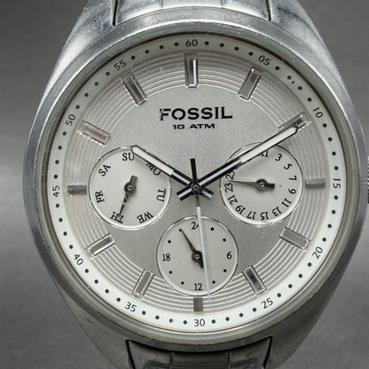 Fossil Watch Women 37mm White Dial Silver Tone Daydate Round BQ9340 New Battery1